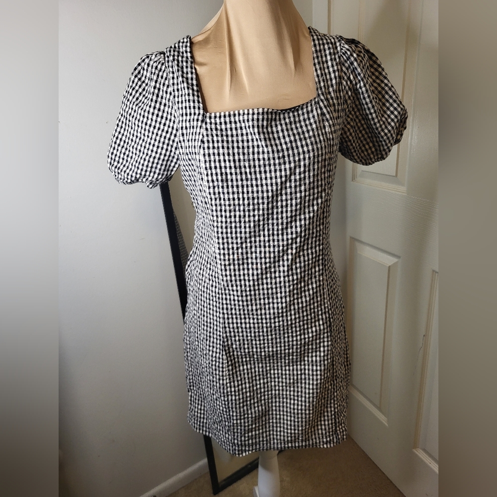 Sincerely Jules - Black and White Plaid Square Neckline Dress, Size L